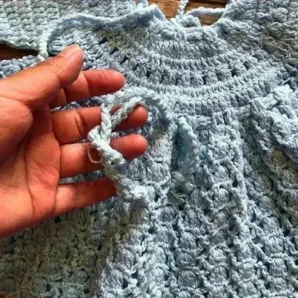 VTG handmade handcrafted crochet blue newborn infant sweater? top? - Picture 3 of 3